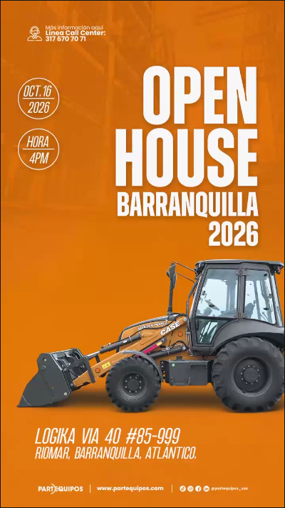 Gráfica del Open House Barranquilla 2026 con un minicargador CASE naranja