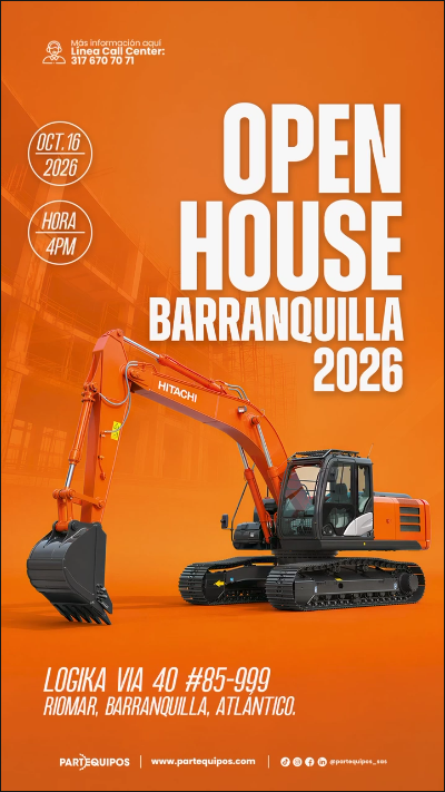 Gráfica del Open House Barranquilla 2026 con una excavadora HITACHI